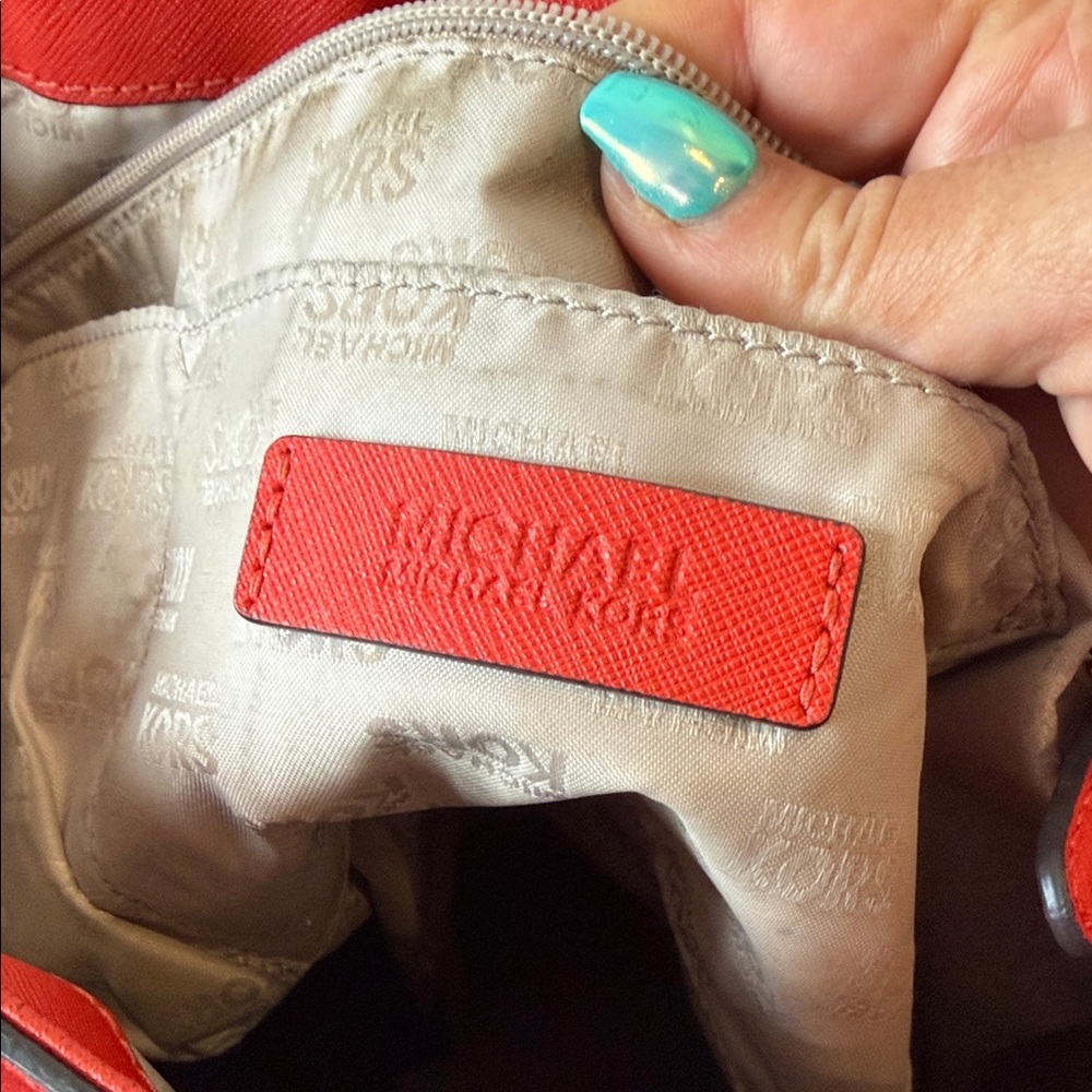 Michael Kors Red Orange tote Bag coated leather gold purse handbag MK designer - Picture 8 of 11